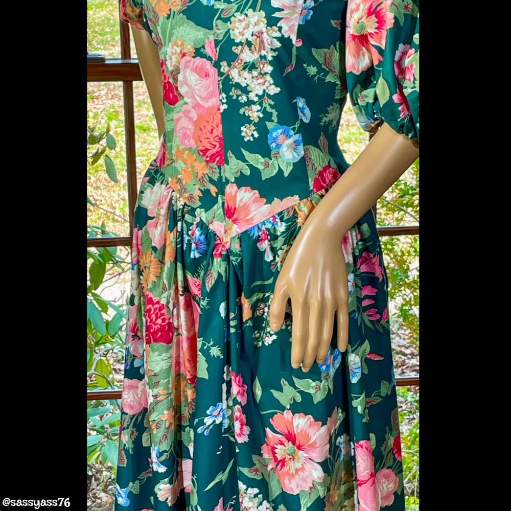 ▪️VTG▪️HANDMADE▪️1980's 1990's Floral Pleated Drop Waist COTTAGECORE Tea Dress - Picture 5 of 7